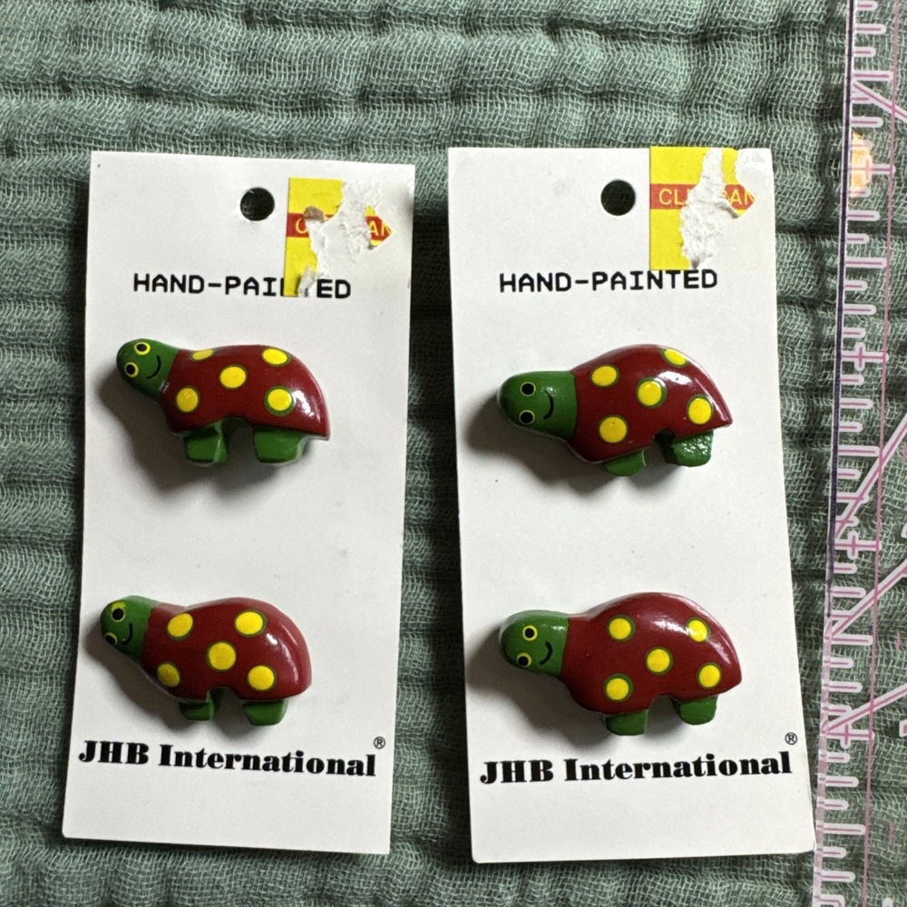JHB International Hand Painted Turtle Buttons Red Yellow Polka Dot Set of 4 1"